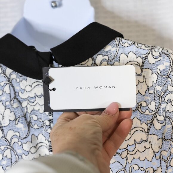 NWT Zara Woman Size L black/white lace short sleeve top w/black Peter Pan collar - Picture 9 of 11